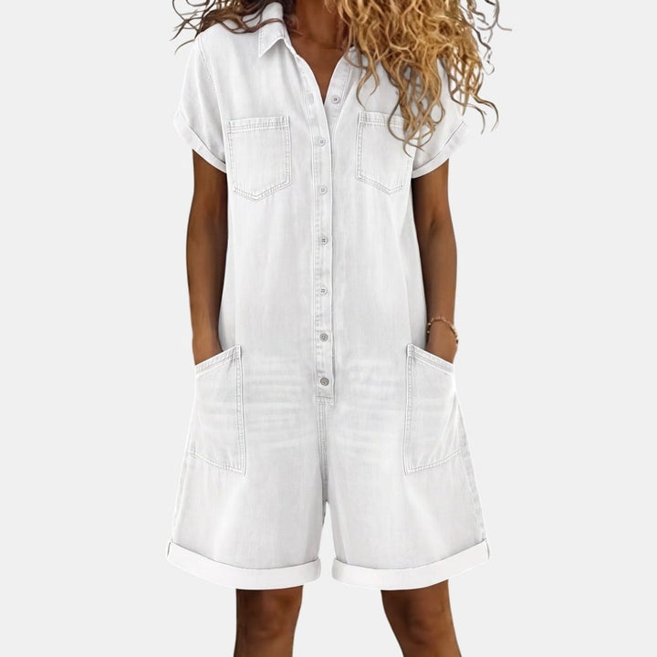 Women's Denim Romper, Short Sleeve Collared Button Front
