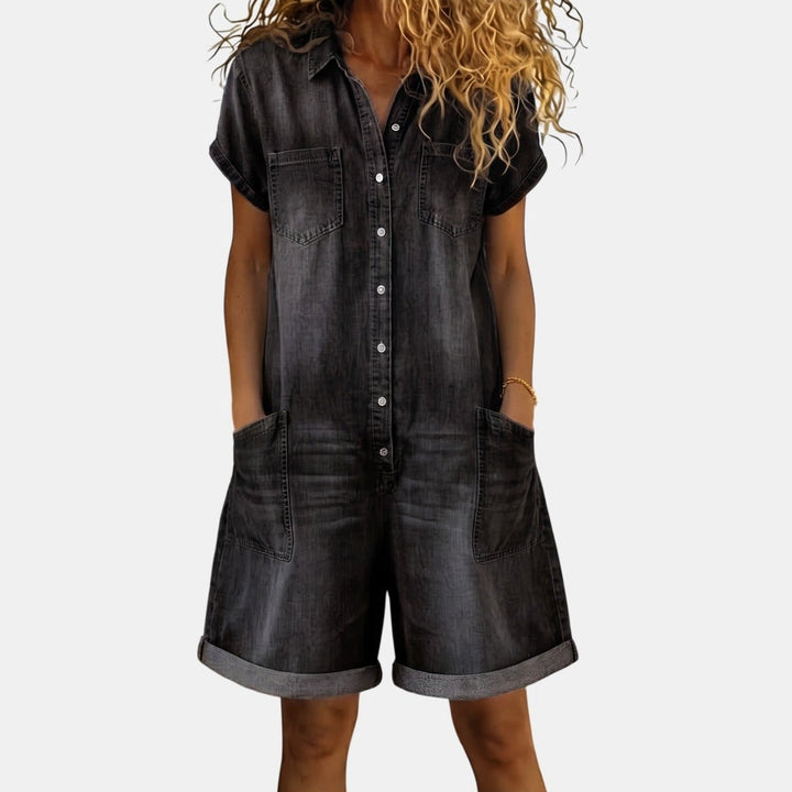 Women's Denim Romper, Short Sleeve Collared Button Front