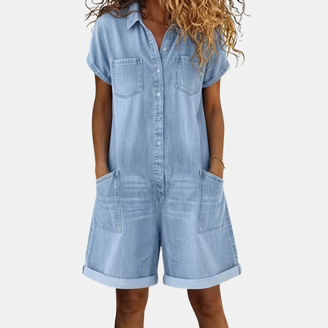 Women's Denim Romper, Short Sleeve Collared Button Front
