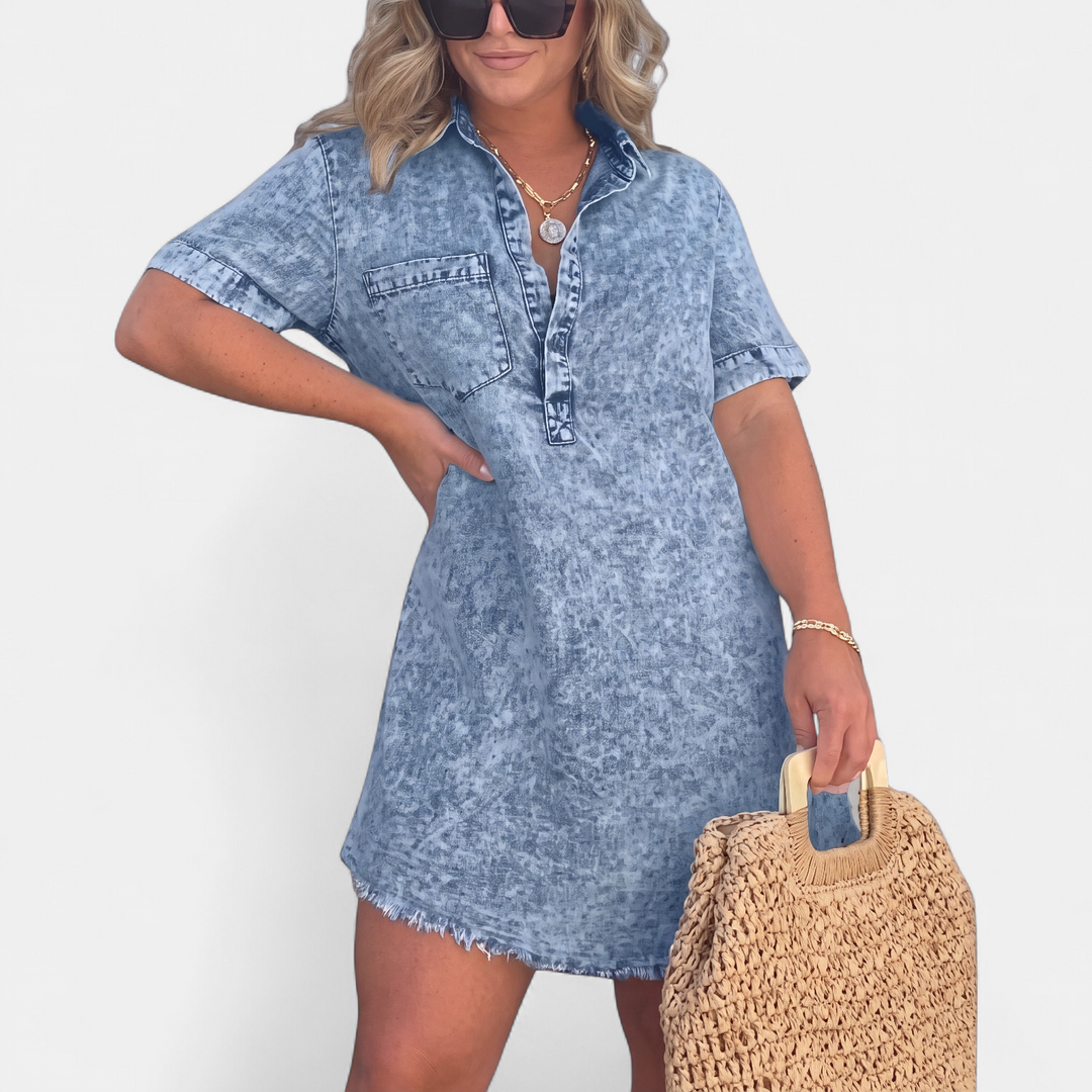 Women's Denim Mini Shirt Dress, Short Sleeve Acid Wash
