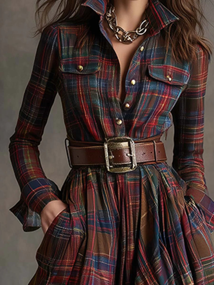 Women's Long Sleeve Maxi Dress in dark brown plaid