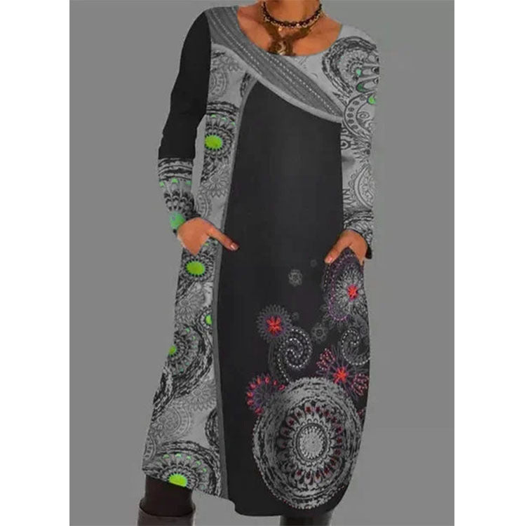 Women's Midi Long Sleeve Dress in grey patchwork