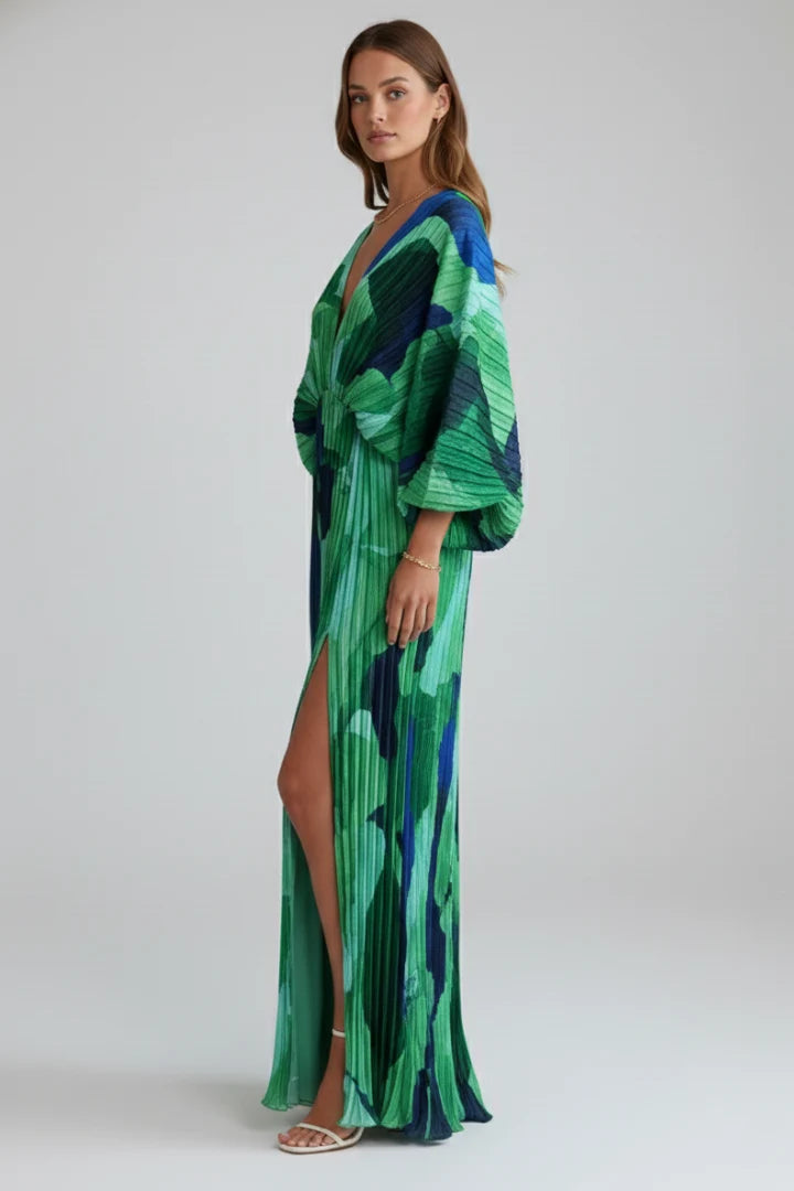 Women's Long Sleeve Maxi Dress in green print
