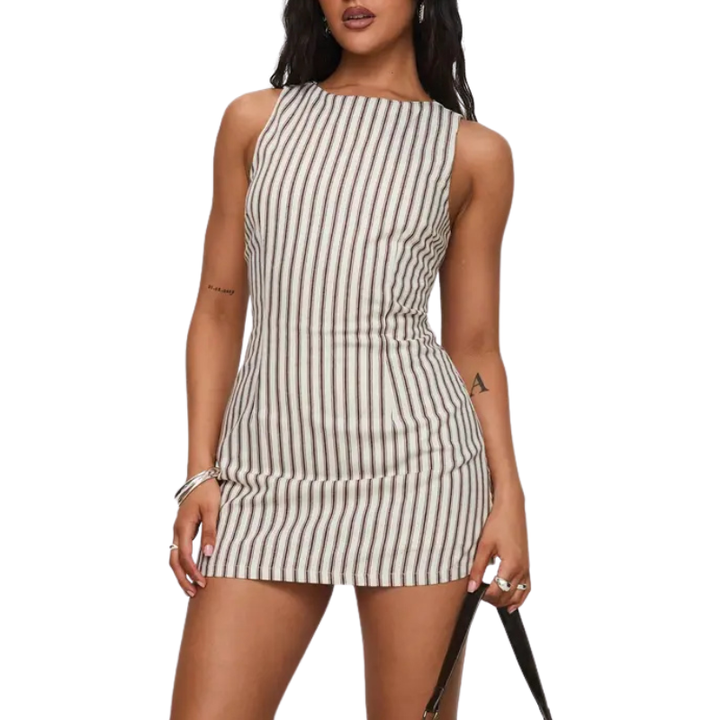 CATHERINE | Striped Brown Sleeveless Summer Sundress for Women | Casual One-Piece Romper