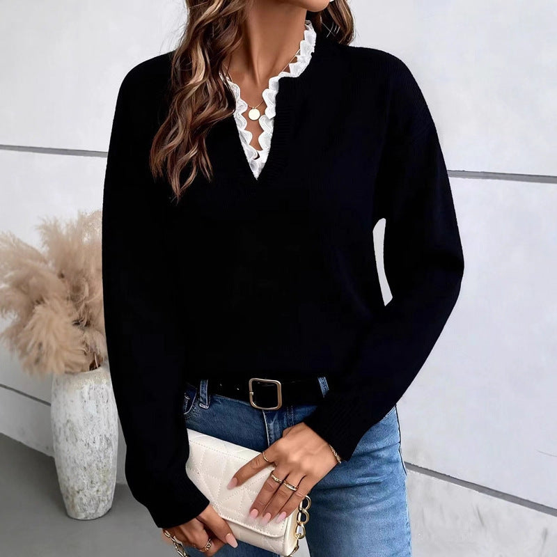Women's Lace Trim V Neck Sweater in black