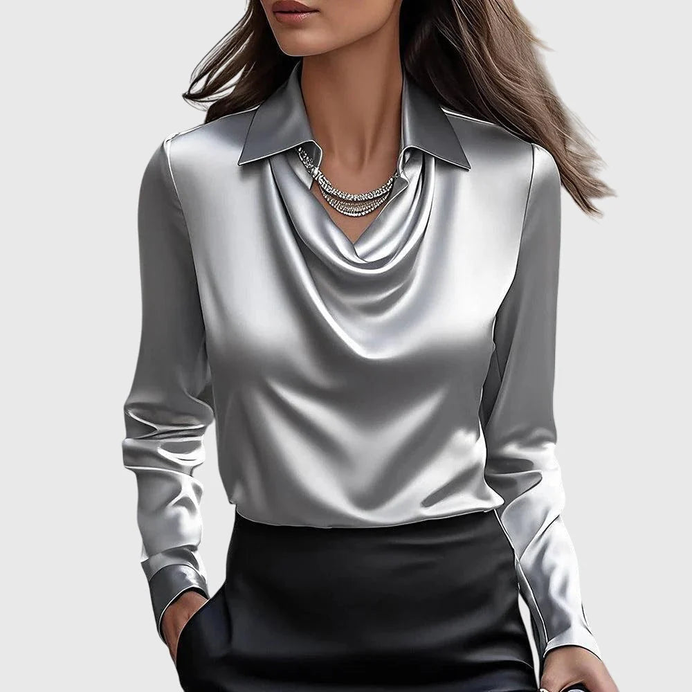 Women's Satin Long Sleeve Blouse in silver
