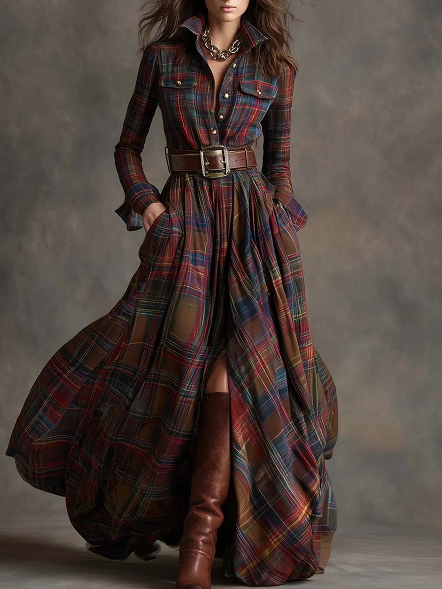 Women's Long Sleeve Maxi Dress in dark brown plaid