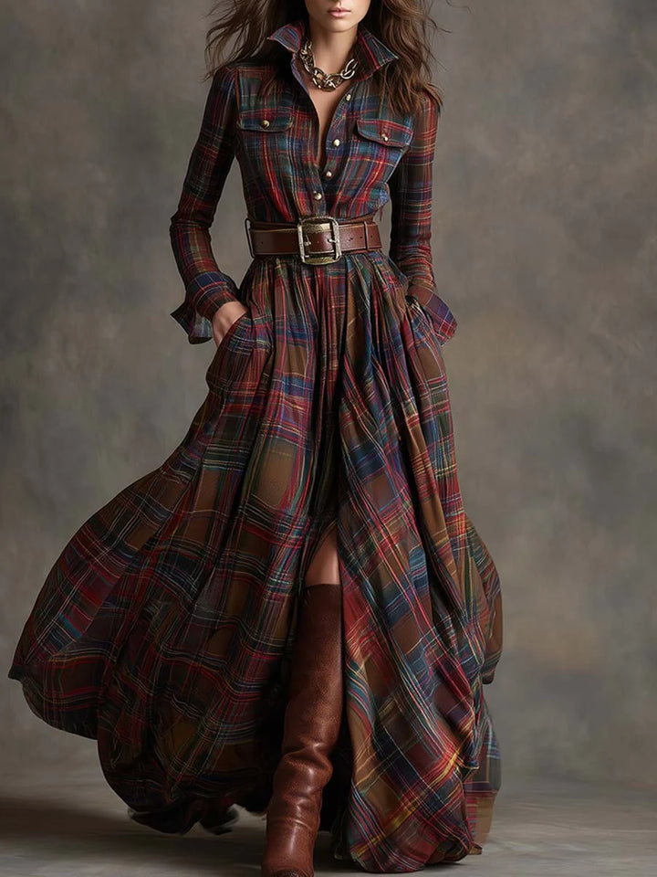 Women's Long Sleeve Maxi Dress in dark brown plaid