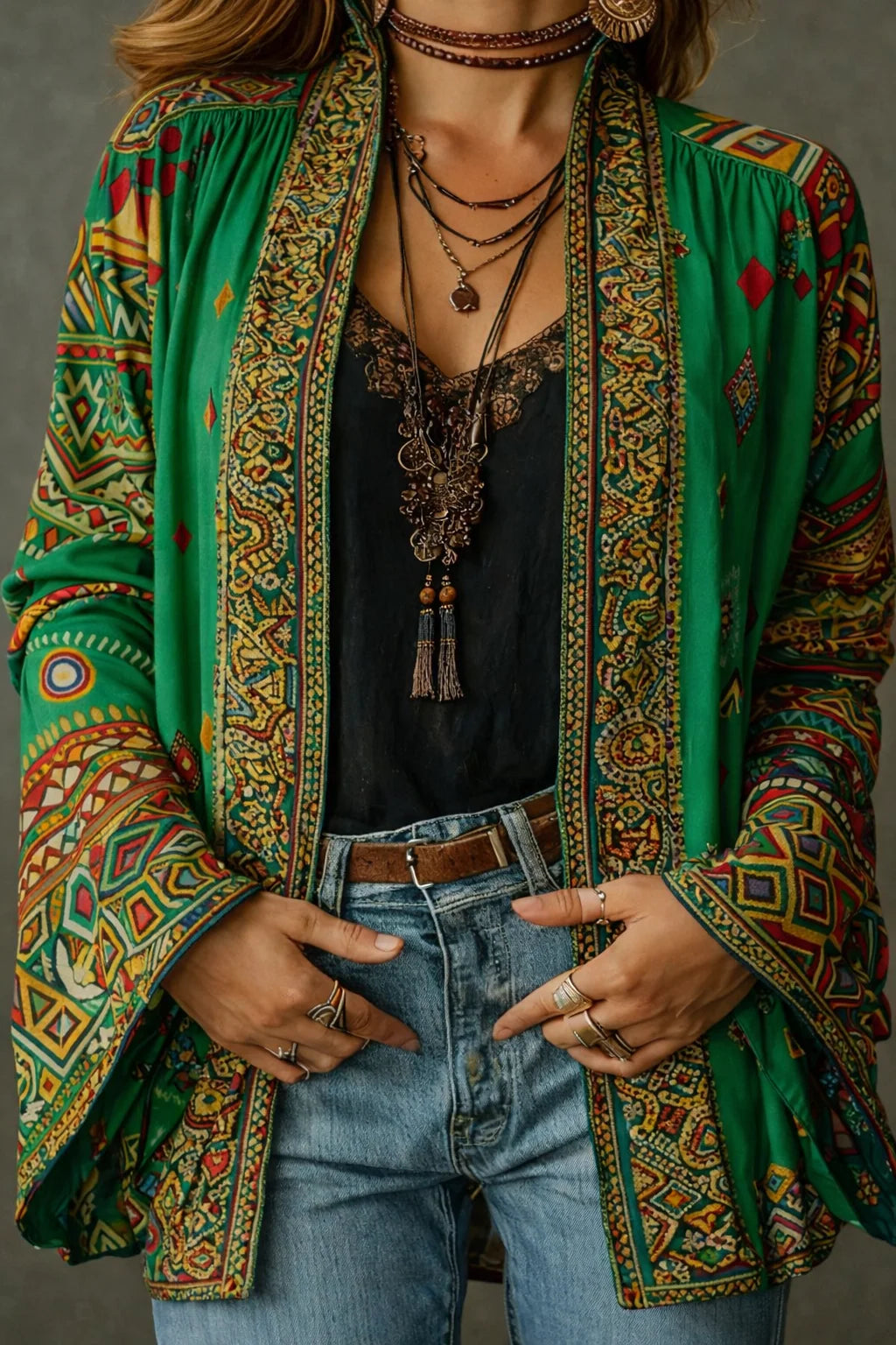 Women's Boho Oversized Cardigan in forest green print