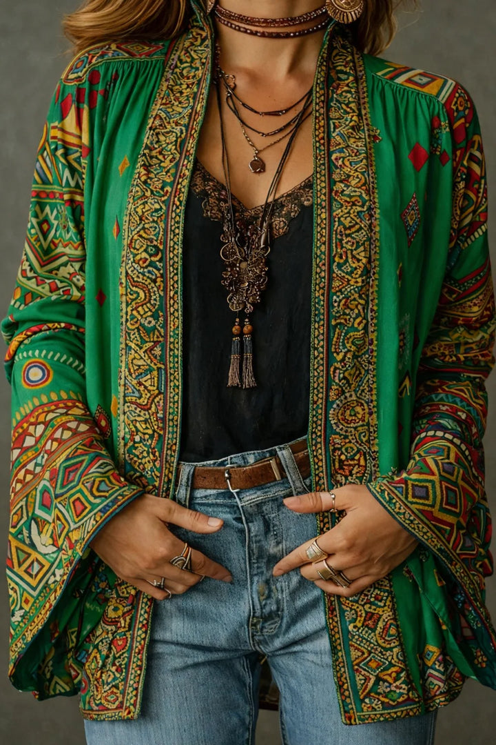 Women's Boho Oversized Cardigan in forest green print