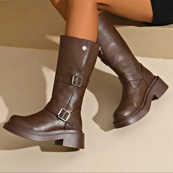 Women's Platform knee high boots, Square Toe Block Heel