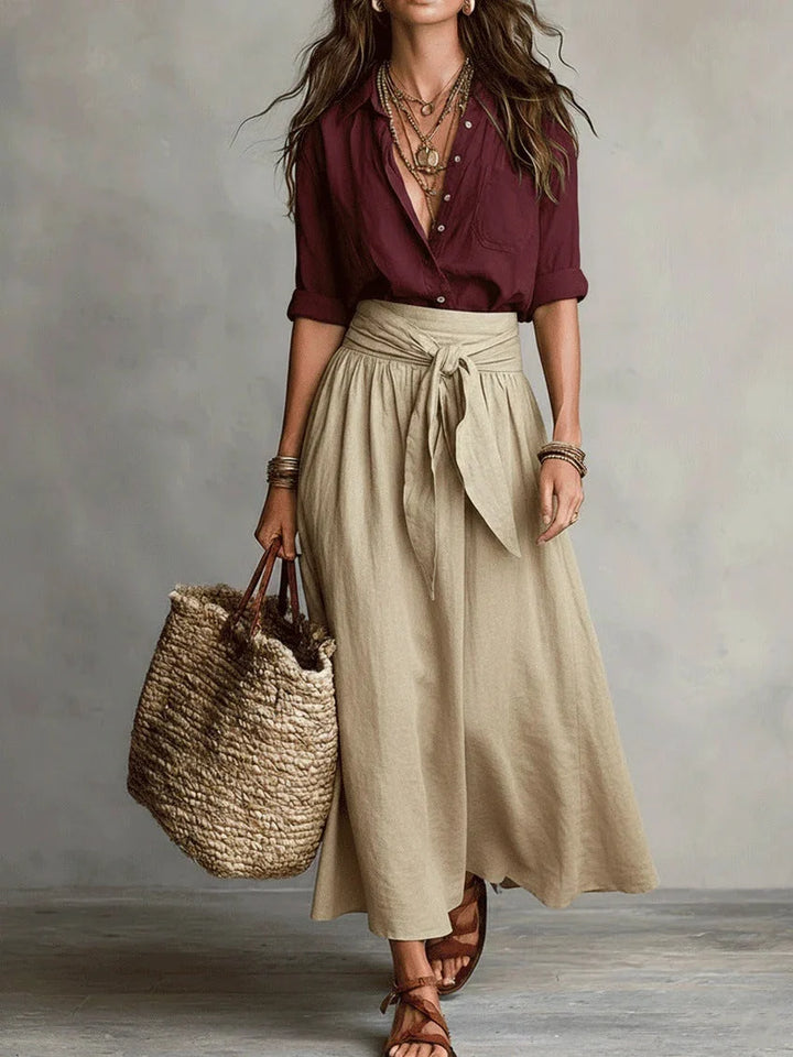 Women's Two Piece Matching Set in burgundy & khaki