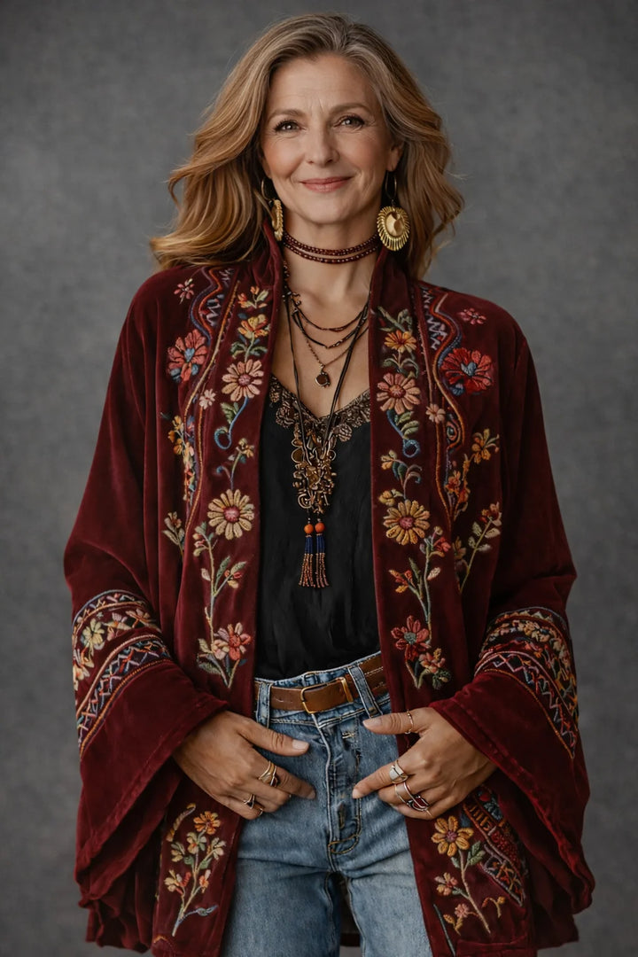 Women's Boho Oversized Cardigan in burgundy floral