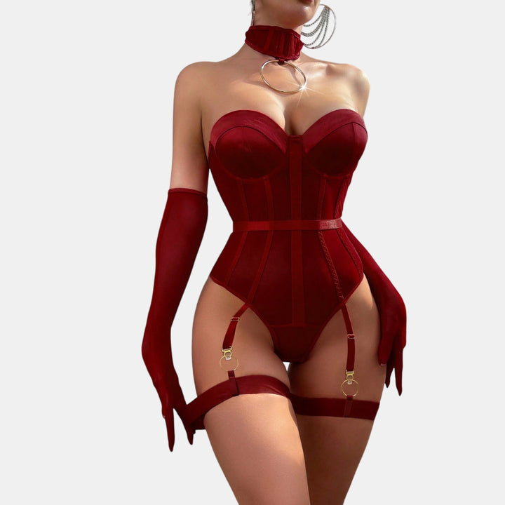 Women's Sheer Lingerie Bodysuit in burgundy