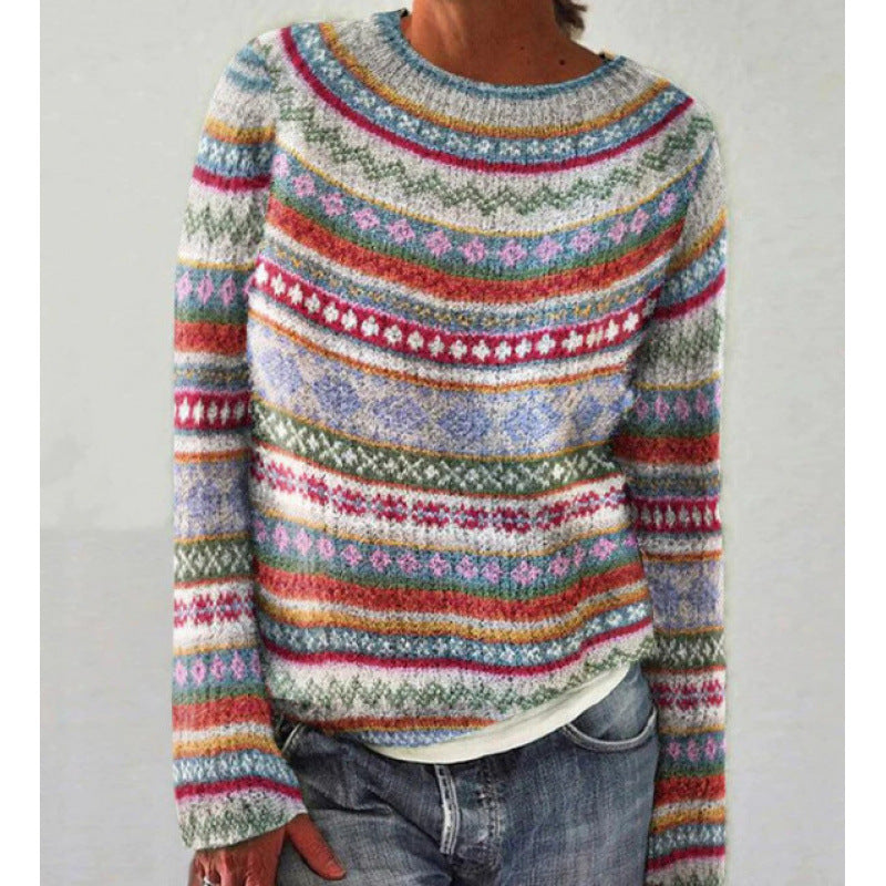 Women's Fair Isle Knit Sweater in grey multicolor stripe