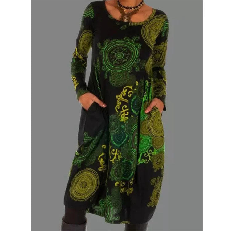 Women's Midi Long Sleeve Dress in black olive print