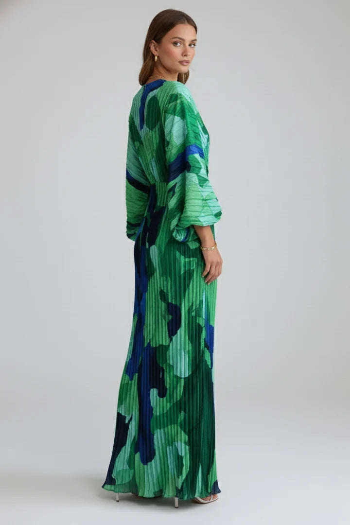 Women's Long Sleeve Maxi Dress in green print