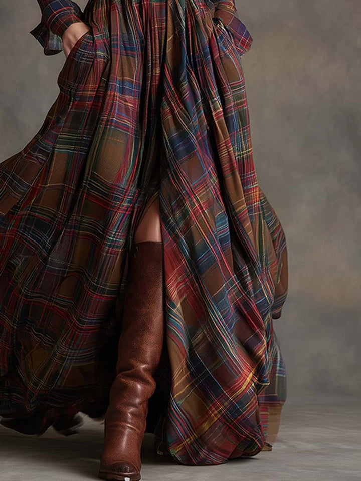 Women's Long Sleeve Maxi Dress in dark brown plaid
