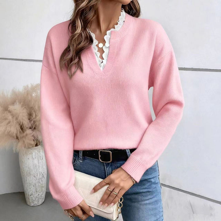 Women's Lace Trim V Neck Sweater in pink