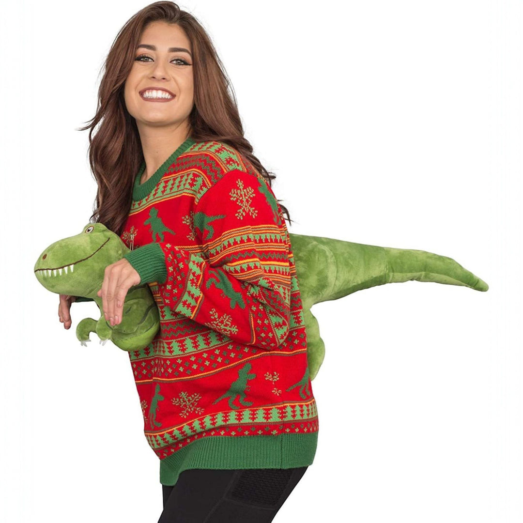 Women's Ugly Christmas Sweater in red t-rex