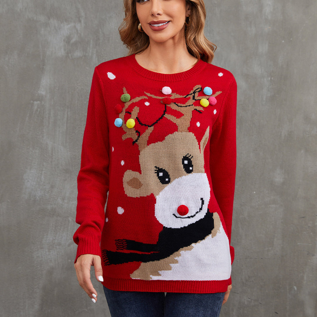 Women's Ugly Christmas Sweater in red pom pom reindeer