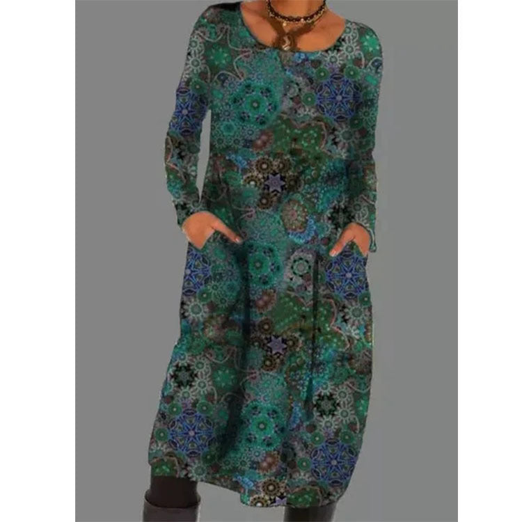 Women's Midi Long Sleeve Dress in teal green print
