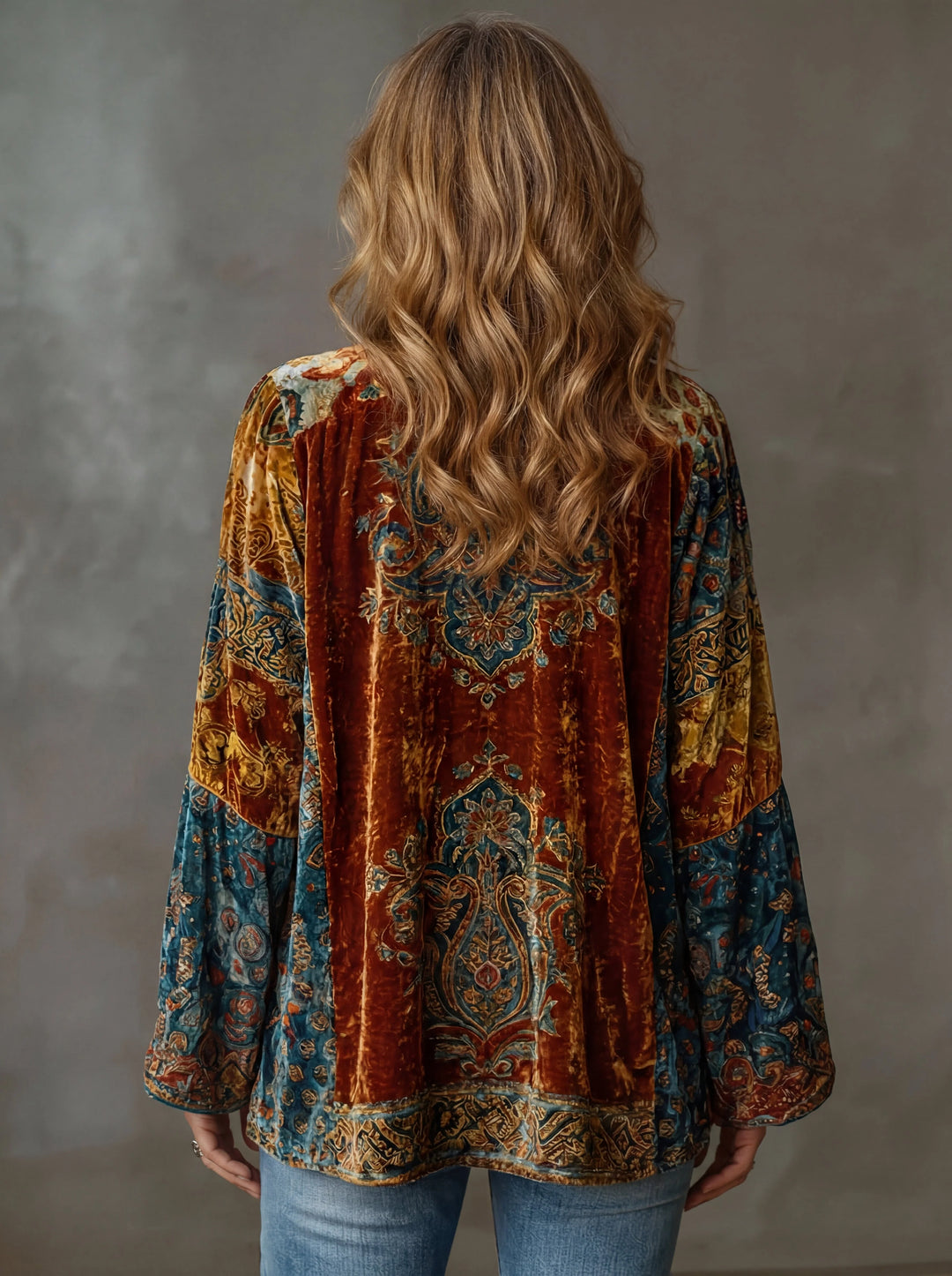 Women's Boho Oversized Cardigan in rust patchwork