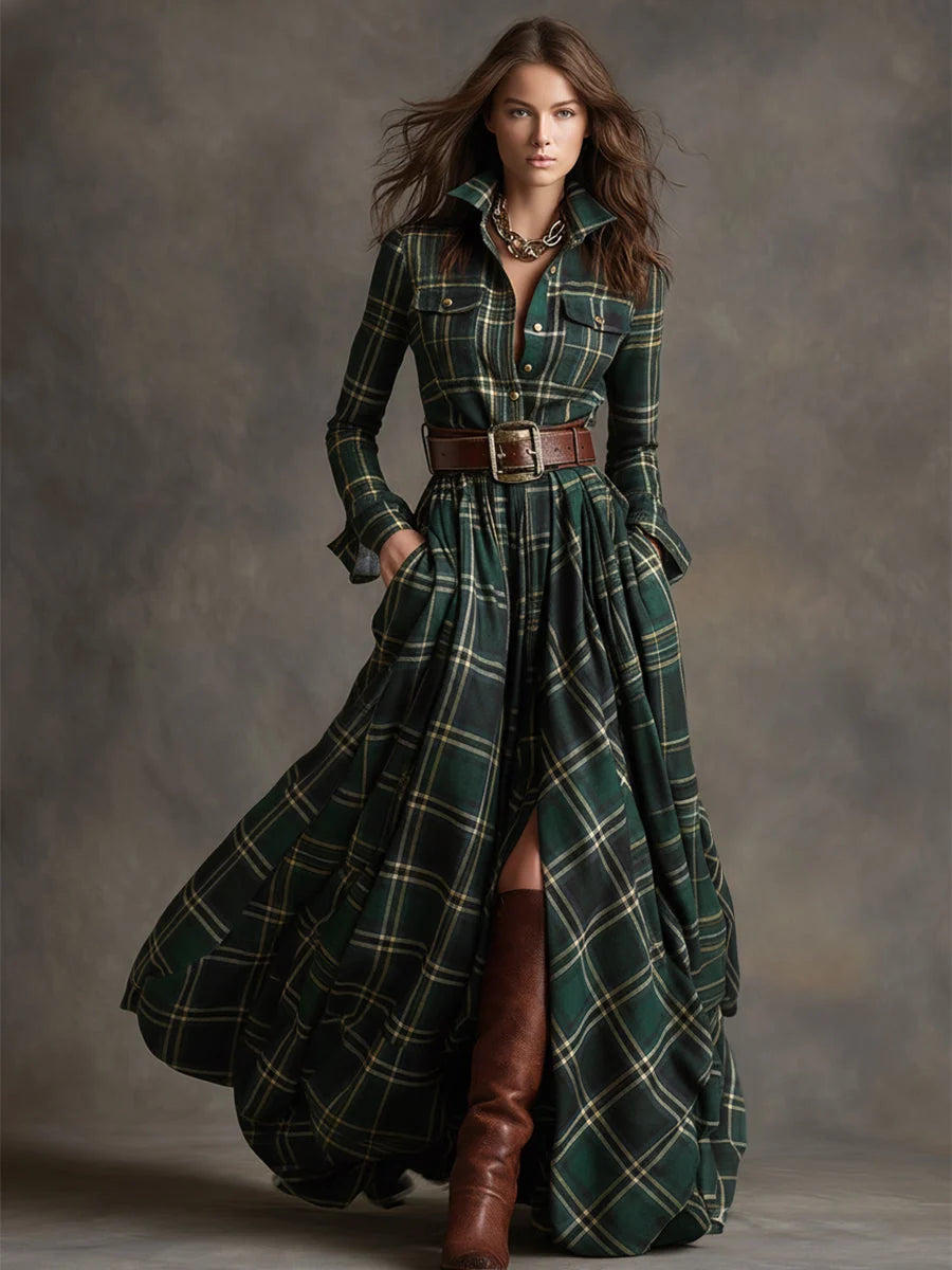 Women's Long Sleeve Maxi Dress in green plaid