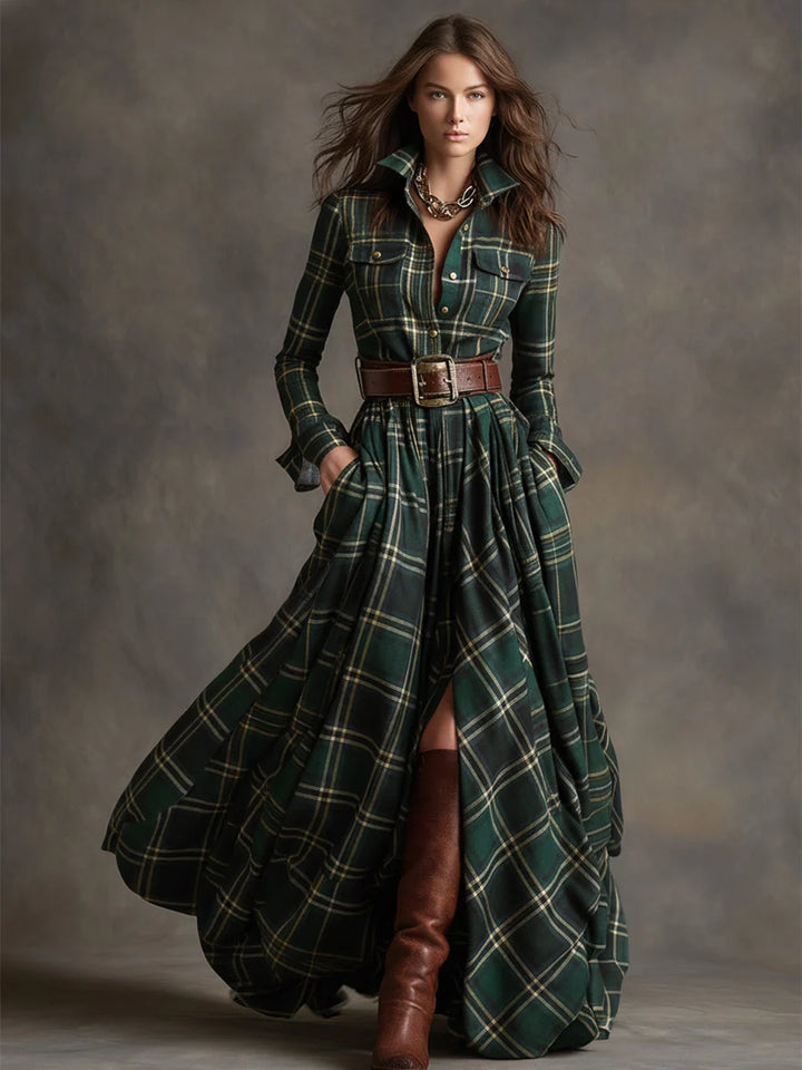 Women's Long Sleeve Maxi Dress in green plaid