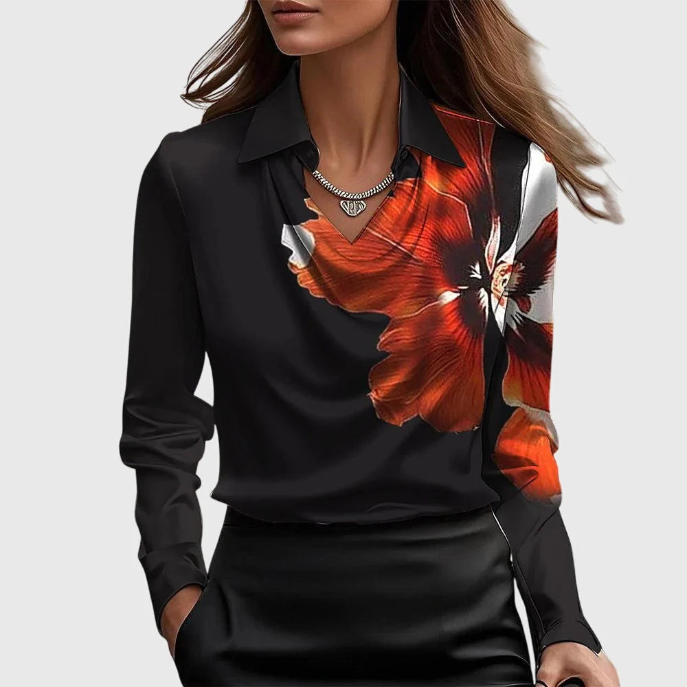 Women's Satin Long Sleeve Blouse in black floral