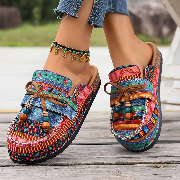 Women's Moccasin Orthopedic Shoes in blue boho print mule