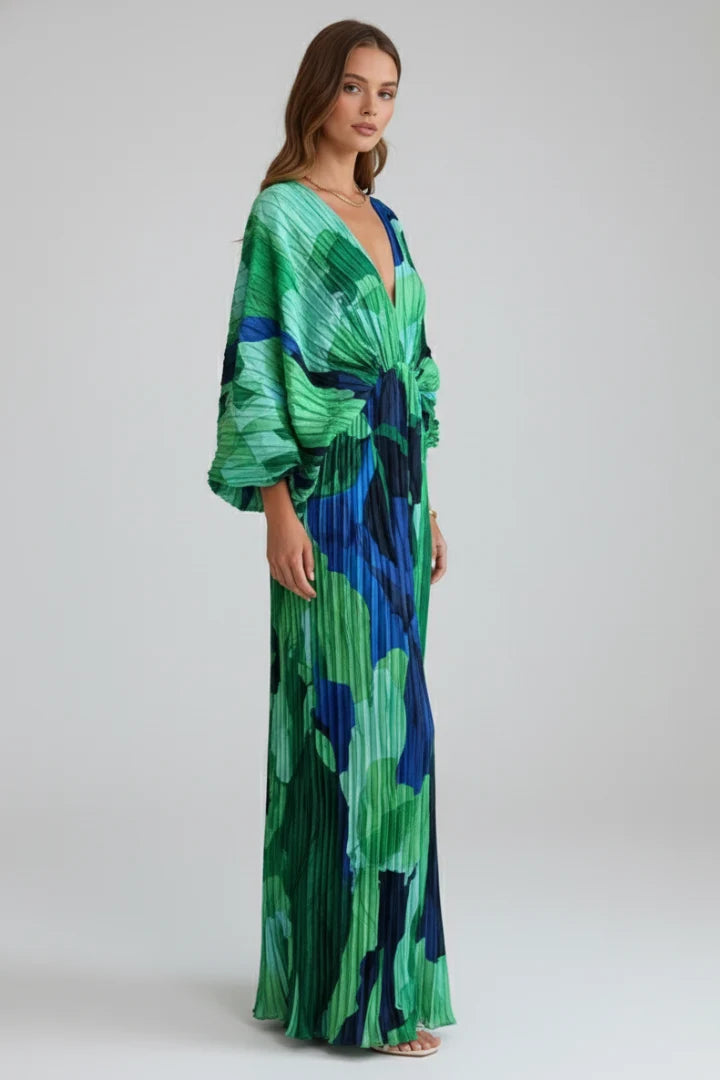 Women's Long Sleeve Maxi Dress in green print