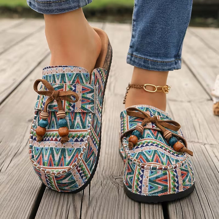 Women's Moccasin Orthopedic Shoes in teal zigzag print mule