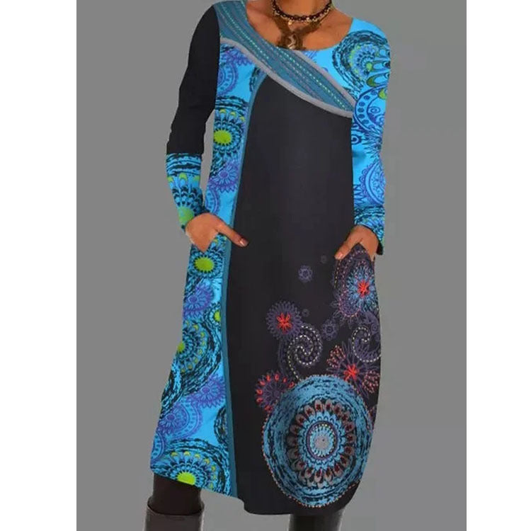 Women's Midi Long Sleeve Dress in blue patchwork