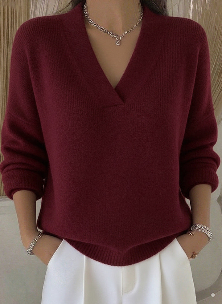 Women's Oversized V Neck Sweater in burgundy