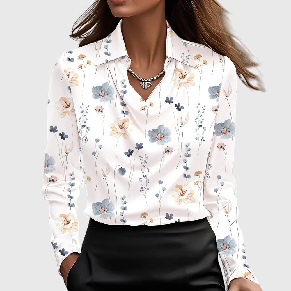 Women's Satin Long Sleeve Blouse in white floral