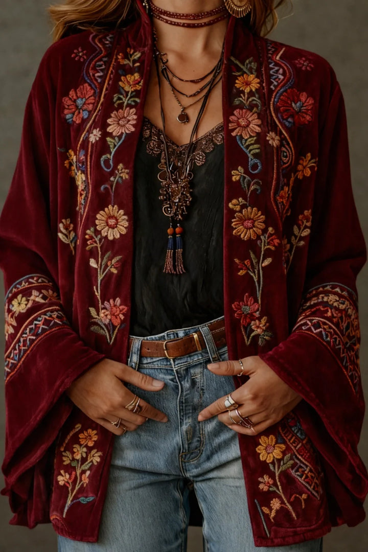 Women's Boho Oversized Cardigan in burgundy floral