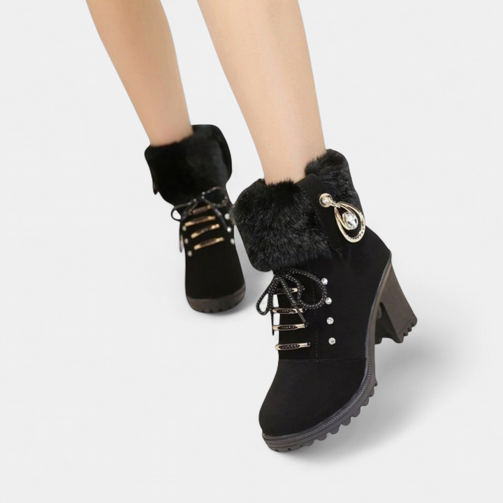 Women's Fur Lined Ankle Boots, Faux Fur Block Heel