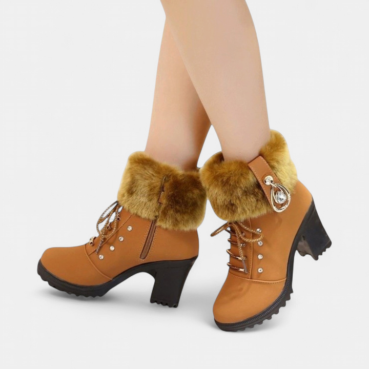 Women's Fur Lined Ankle Boots, Faux Fur Block Heel