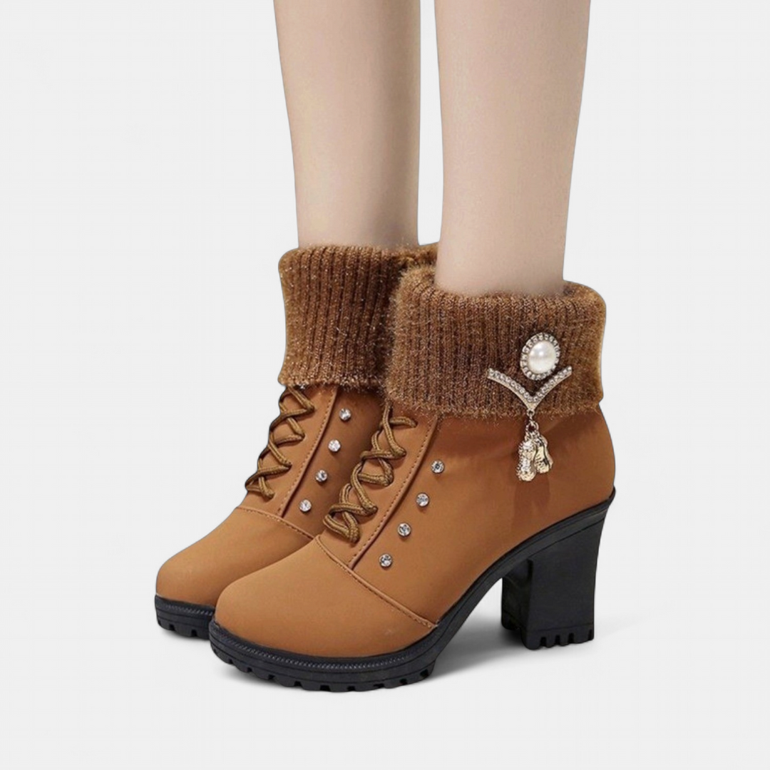 Women's Fur Lined Ankle Boots, Faux Fur Block Heel