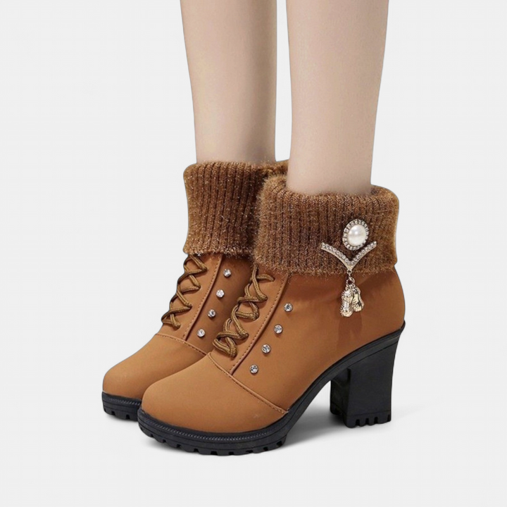 Women's Fur Lined Ankle Boots, Faux Fur Block Heel