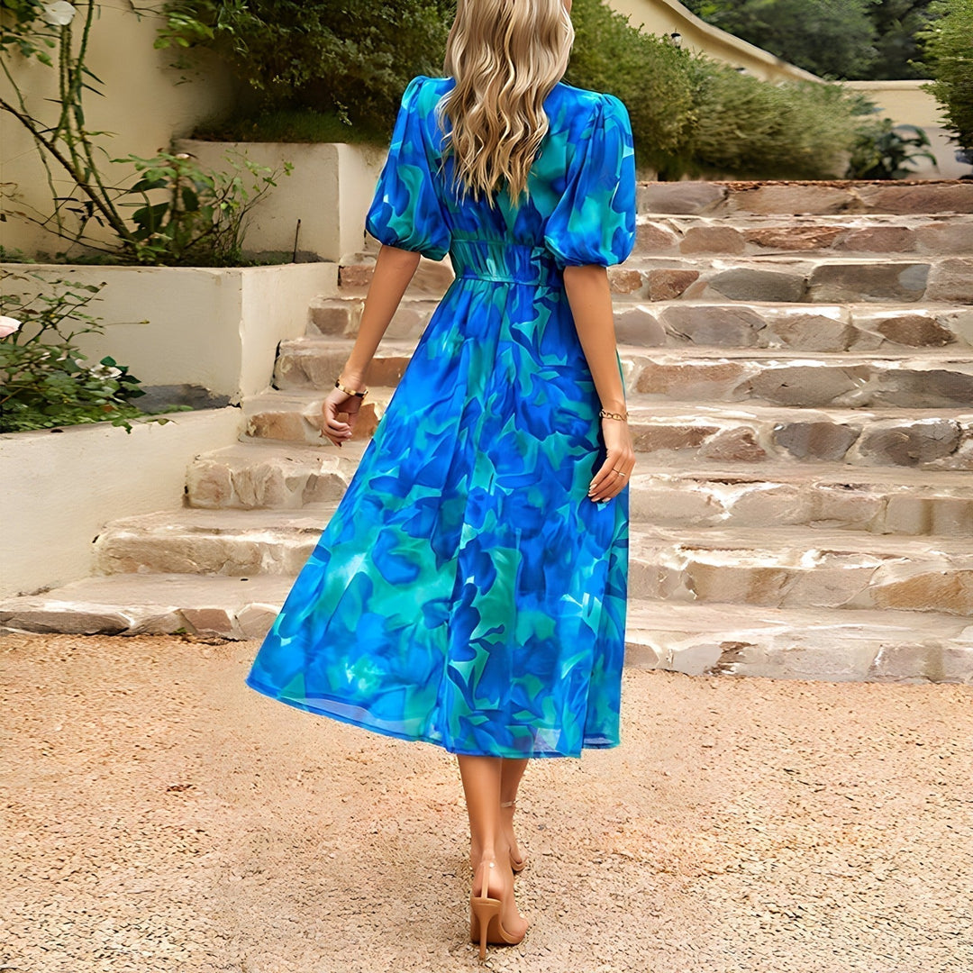 ANNELIE | Floral Blue V-Neck Women's Midi Dress