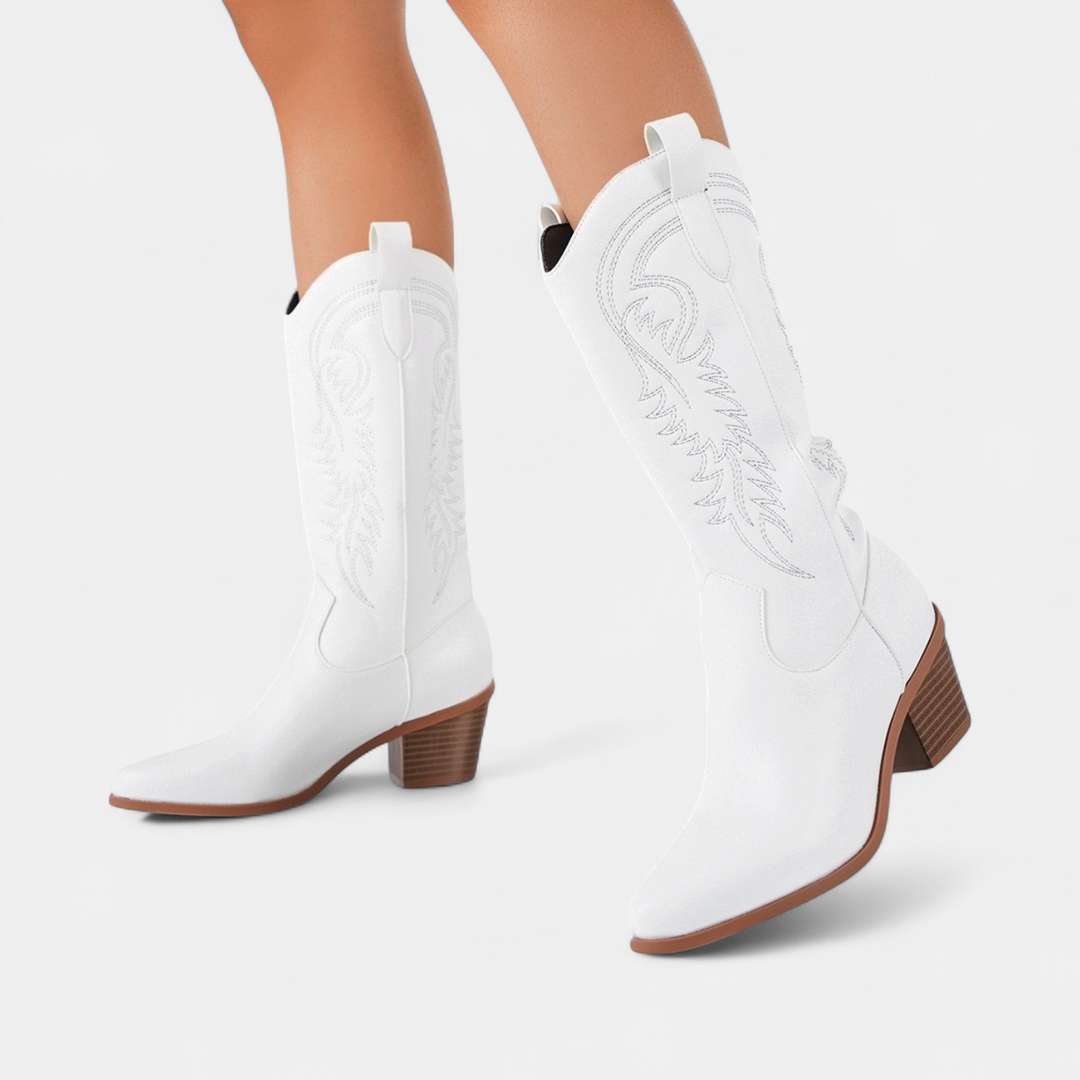Women's White Cowboy Boots, Pointed Toe Mid Calf