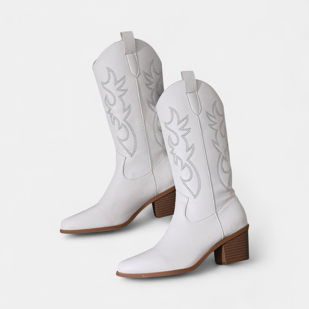 Women's White Cowboy Boots, Pointed Toe Mid Calf