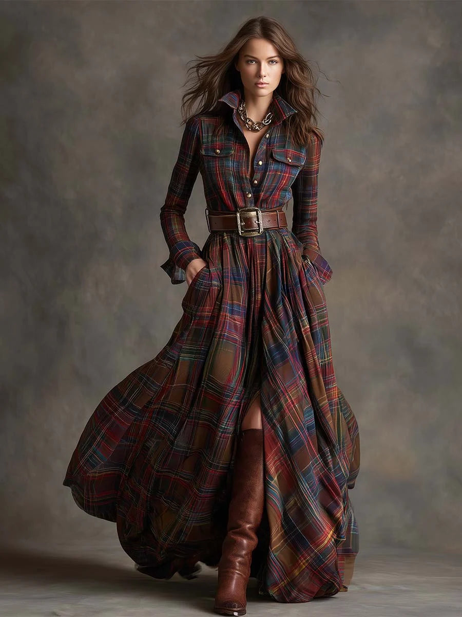 Women's Long Sleeve Maxi Dress in dark brown plaid
