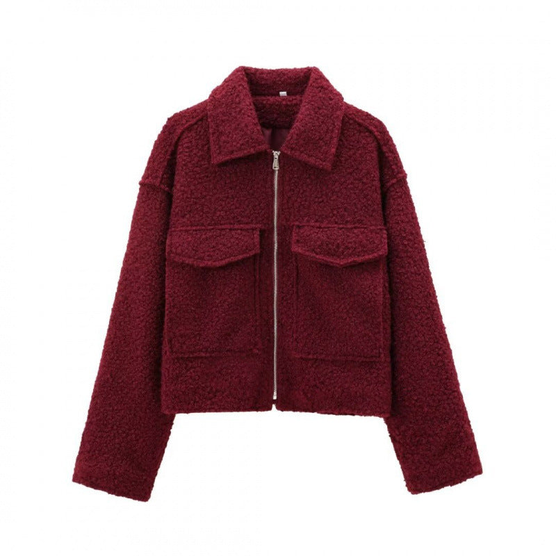 Women's Tweed Cropped Jacket in burgundy