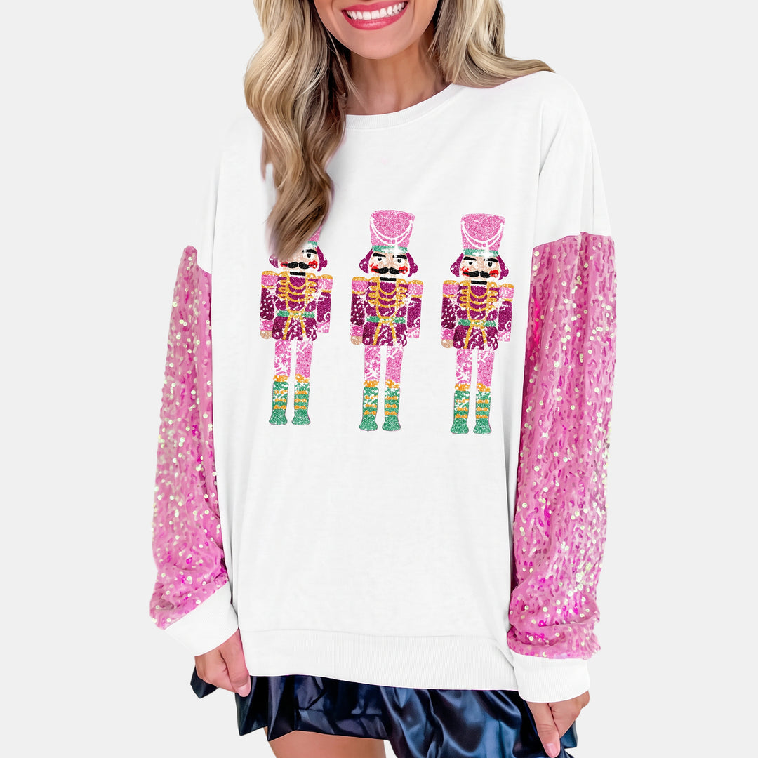 Women's Sequin Christmas Sweater in pink white nutcracker