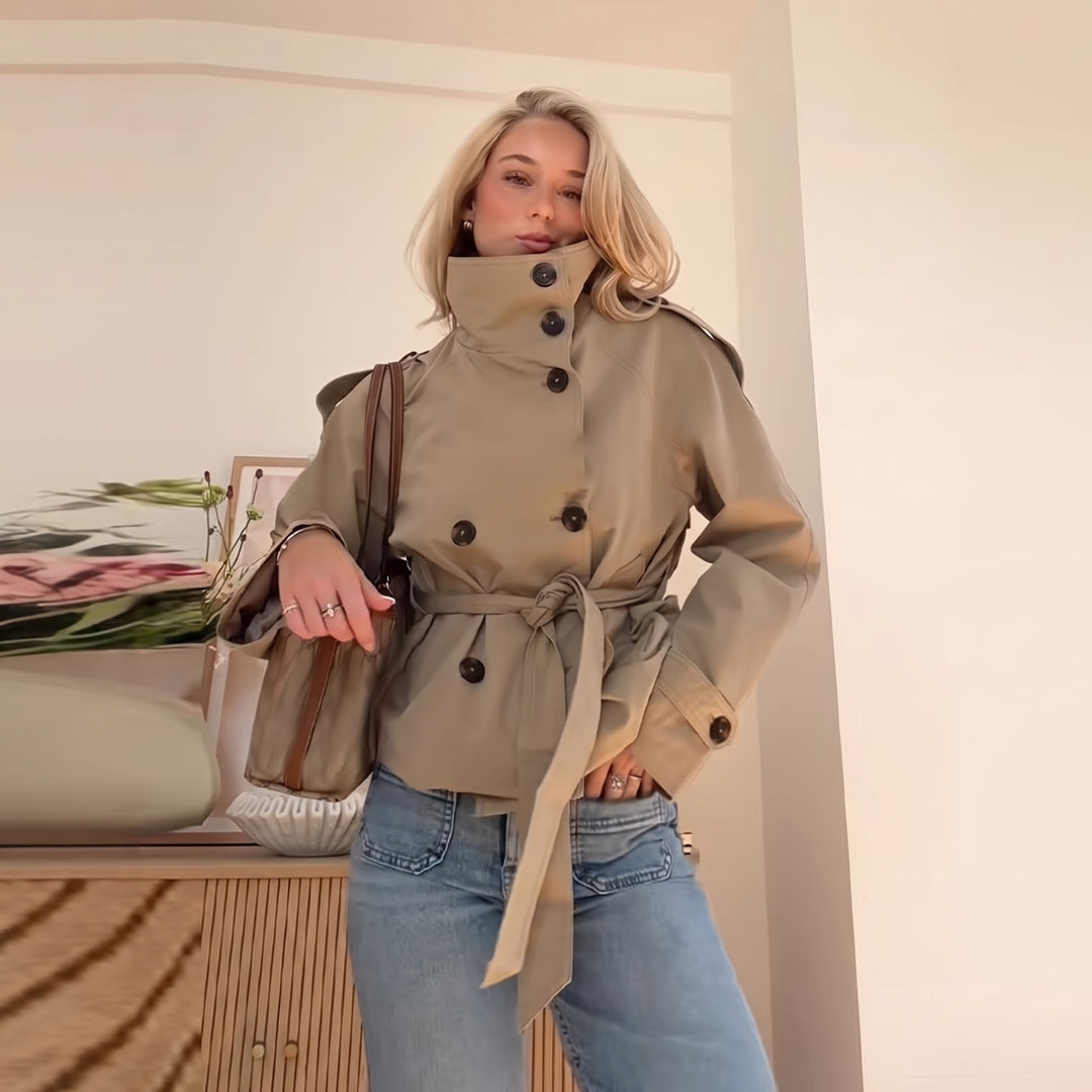 Women's Short Double Breasted Peacoat, Oversized High Neck