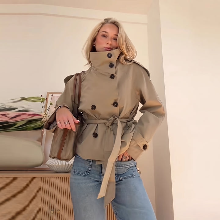 Women's Short Double Breasted Peacoat, Oversized High Neck