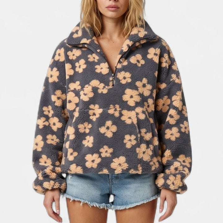 Women's Oversized Cropped Fleece Jacket, Floral Half Zip